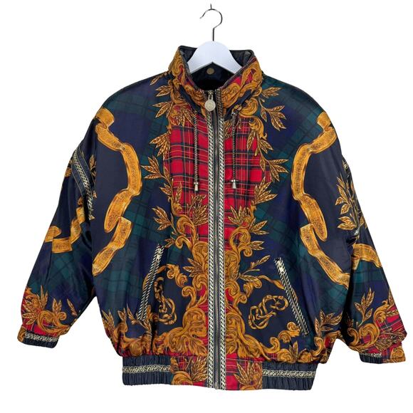 Vintage J. Gallery Down Royal Print Puffer Jacket SIZE M Retro Bomber Streetwear - Picture 1 of 9